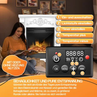 KESSER® Sfeerhaard Elektrisch Haard 1800W met LED Vlammen Dimbaar - Electrische Kachel met Timer & Afstandsbediening - Elektrische Verwarming met Thermostaat - Villa Wit