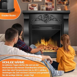 Elektrische open haard HomeByNicole LuxeFire 1800W | 3D LED-vlameffect met verwarming & thermostaat | Timer, afstandsbediening, dimbaar sfeerlicht | Vrijstaand design zwart hout