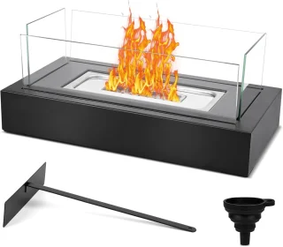 Bio-Ethanol Tafelhaard Voor Binnen en Buiten - Met 4-Voudig Veiligheidsglas Decoratieve Stenen en Blushulp - Voor Terras en Balkon