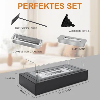 Bio-Ethanol Tafelhaard Voor Binnen en Buiten - Met 4-Voudig Veiligheidsglas Decoratieve Stenen en Blushulp - Voor Terras en Balkon