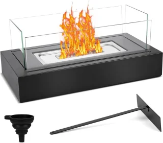 Bio-Ethanol Tafelhaard Voor Binnen en Buiten - Met 4-Voudig Veiligheidsglas Decoratieve Stenen en Blushulp - Voor Terras en Balkon