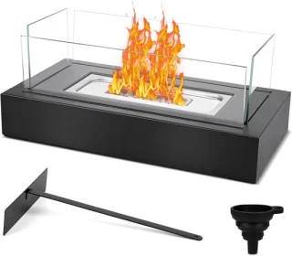 Bio-Ethanol Tafelhaard Voor Binnen en Buiten - Met 4-Voudig Veiligheidsglas Decoratieve Stenen en Blushulp - Voor Terras en Balkon