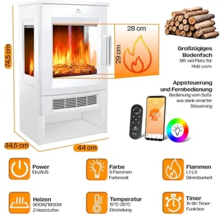 Elektrische Kachel met Panoramisch Venster, 9 Kleuren & Afstandsbediening - 900/1800 W