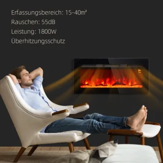 Sfeerhaard Elektrisch met Wandmontage - Haard met Verwarming - Wandhaard met LED-vlameffect - 1800 W - met Afstandsbediening en Timer - Decoratieve Haardkachel - Kachel - Zwart