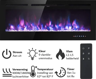 Openhaard Elektrisch - Houtvuureffect - Touchscreen - Glas Paneel - Wandmontage - 900/1800W - 102 cm - Zwart