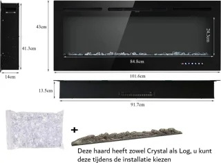 Openhaard Elektrisch - Houtvuureffect - Touchscreen - Glas Paneel - Wandmontage - 900/1800W - 102 cm - Zwart