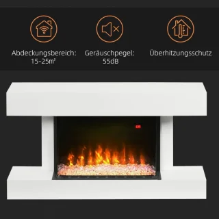 Sfeerhaard Elektrisch - Wandhaard - Haard met Verwarming - Realistisch LED-vlameffect - 2000 W - Kristallen - 11 Kleuren en 3 Helderheidsniveaus - Openhaard - Kachel Wandmontage - Wit