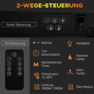 Sfeerhaard Elektrisch - Wandhaard - Haard met Verwarming - Realistisch LED-vlameffect - 2000 W - Kristallen - 11 Kleuren en 3 Helderheidsniveaus - Openhaard - Kachel Wandmontage - Wit