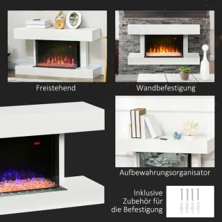 Sfeerhaard Elektrisch - Wandhaard - Haard met Verwarming - Realistisch LED-vlameffect - 2000 W - Kristallen - 11 Kleuren en 3 Helderheidsniveaus - Openhaard - Kachel Wandmontage - Wit