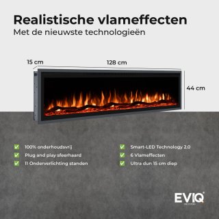 Wat vinden we goed aan de EVIQ Royal Paris 50 inch - Elektrische sfeerhaard - Haard met Verwarming - Sfeerhaard Elektrisch geschikt voor Cinewall - Inbouw Sfeerhaarden - Elektrische Kachel Sfeerhaard - 128x14x43cm - Zwart