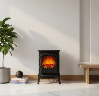 HomeByNicole Luxe Elektrische Sfeerhaard “Nordic Flame Black” – 2000W – Vrijstaande Design Open Haard met Afstandsbediening, LED Vlammen, 2 Warmtestanden (1000/2000W), Stil Verwarmingstoestel, Zwart – Moderne Elektrische Kachel met Vlameffect