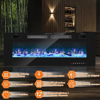 Elektrische Open Haard 750W/1500W met LED Vlam, Inbouwhaard met Afstandsbediening en Instelbare Thermostaat
