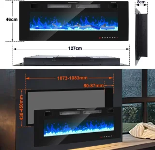 Elektrische Open Haard 750W/1500W met LED Vlam, Inbouwhaard met Afstandsbediening en Instelbare Thermostaat