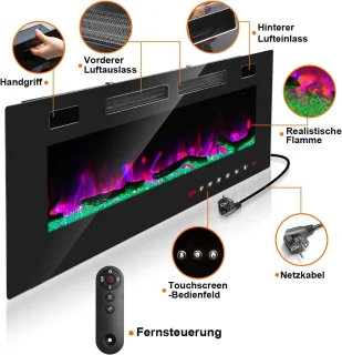 Elektrische Open Haard 750W/1500W met LED Vlam, Inbouwhaard met Afstandsbediening en Instelbare Thermostaat