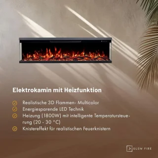 Elektrische open haard Ganeey FlameLux 3D Insert 127 cm – Realistisch LED-vuureffect met knettersound, app- en afstandsbediening, timer & thermostaat, 1800W verwarming, 10 vlamkleuren, modern zwart design – Inbouw wandhaard met 3D-vlammen, binnengebr