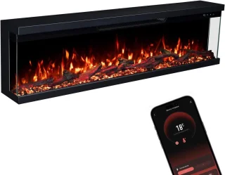 Elektrische open haard Ganeey FlameLux 3D Insert 127 cm – Realistisch LED-vuureffect met knettersound, app- en afstandsbediening, timer & thermostaat, 1800W verwarming, 10 vlamkleuren, modern zwart design – Inbouw wandhaard met 3D-vlammen, binnengebr
