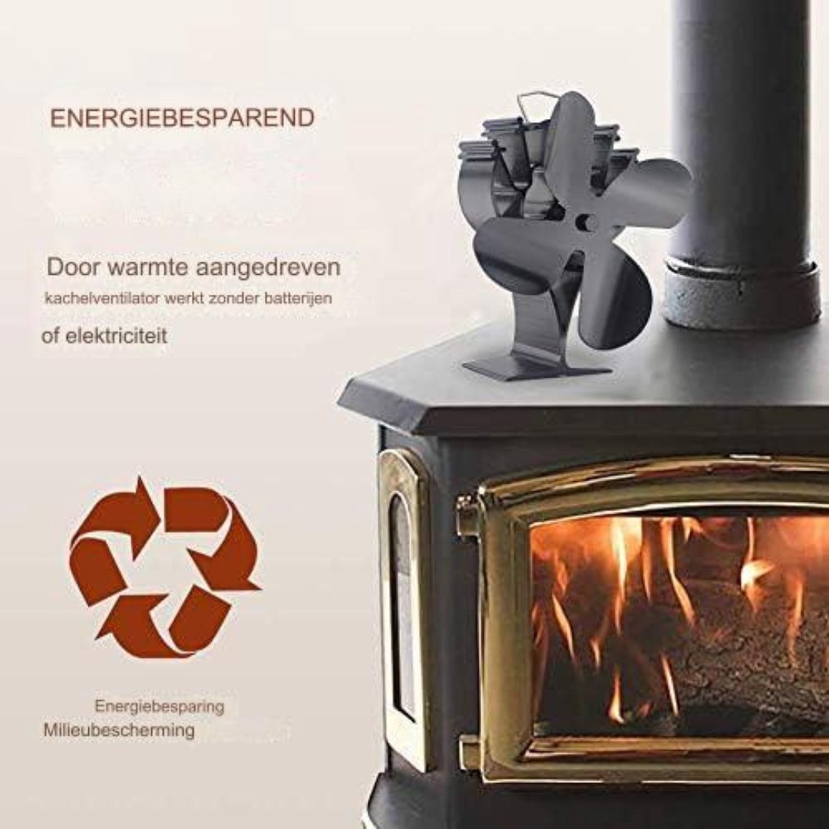 4-bladige kachelventilator met thermometer voor houtkachels en open haarden