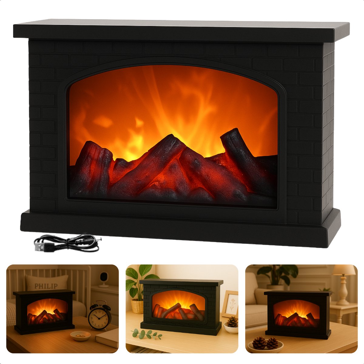 De Cheqo® LED Sfeerhaard Elektrisch USB in één oogopslag