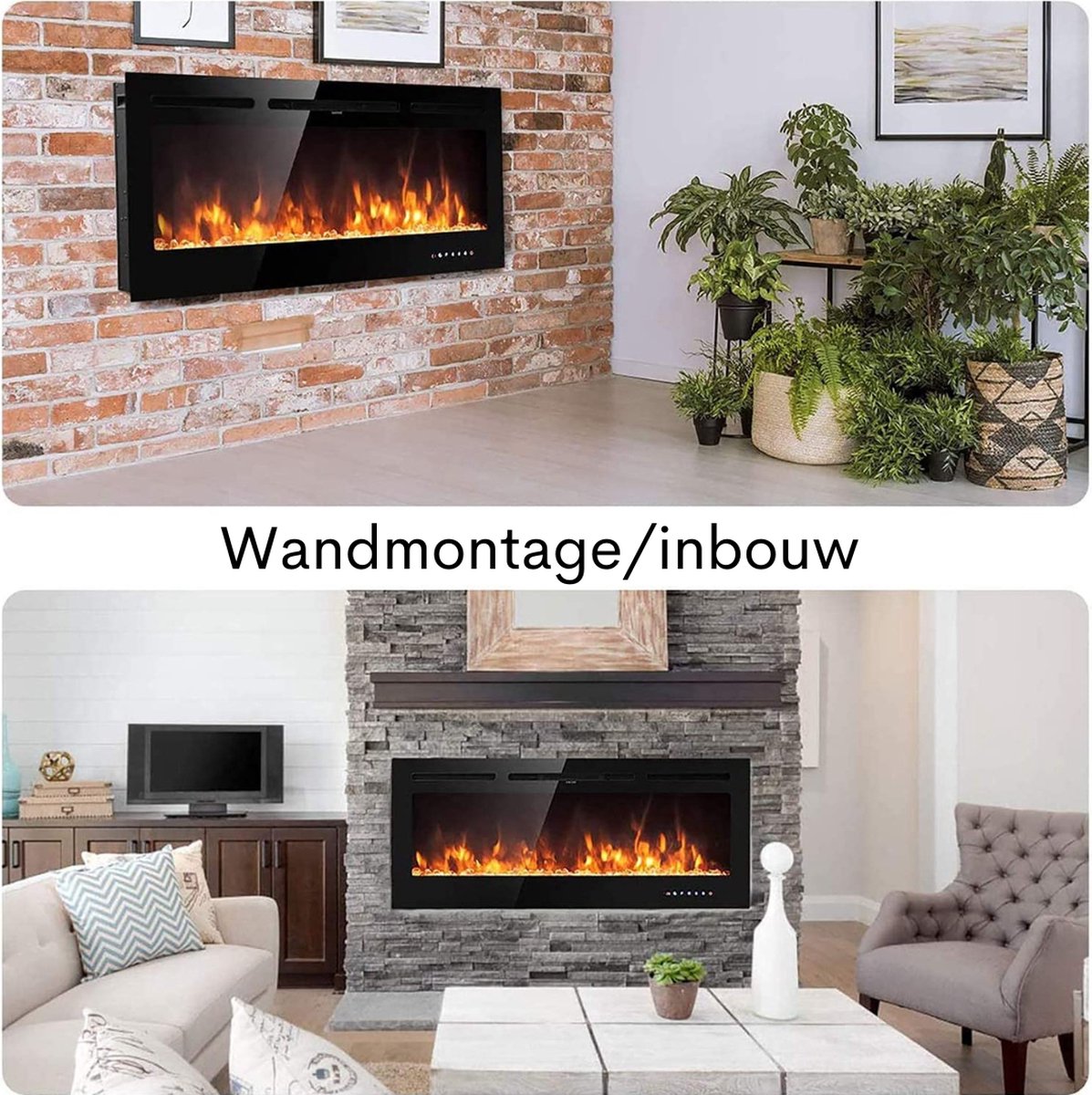 Crystal & Log Electrische Wandhaard 102 cm Zwart