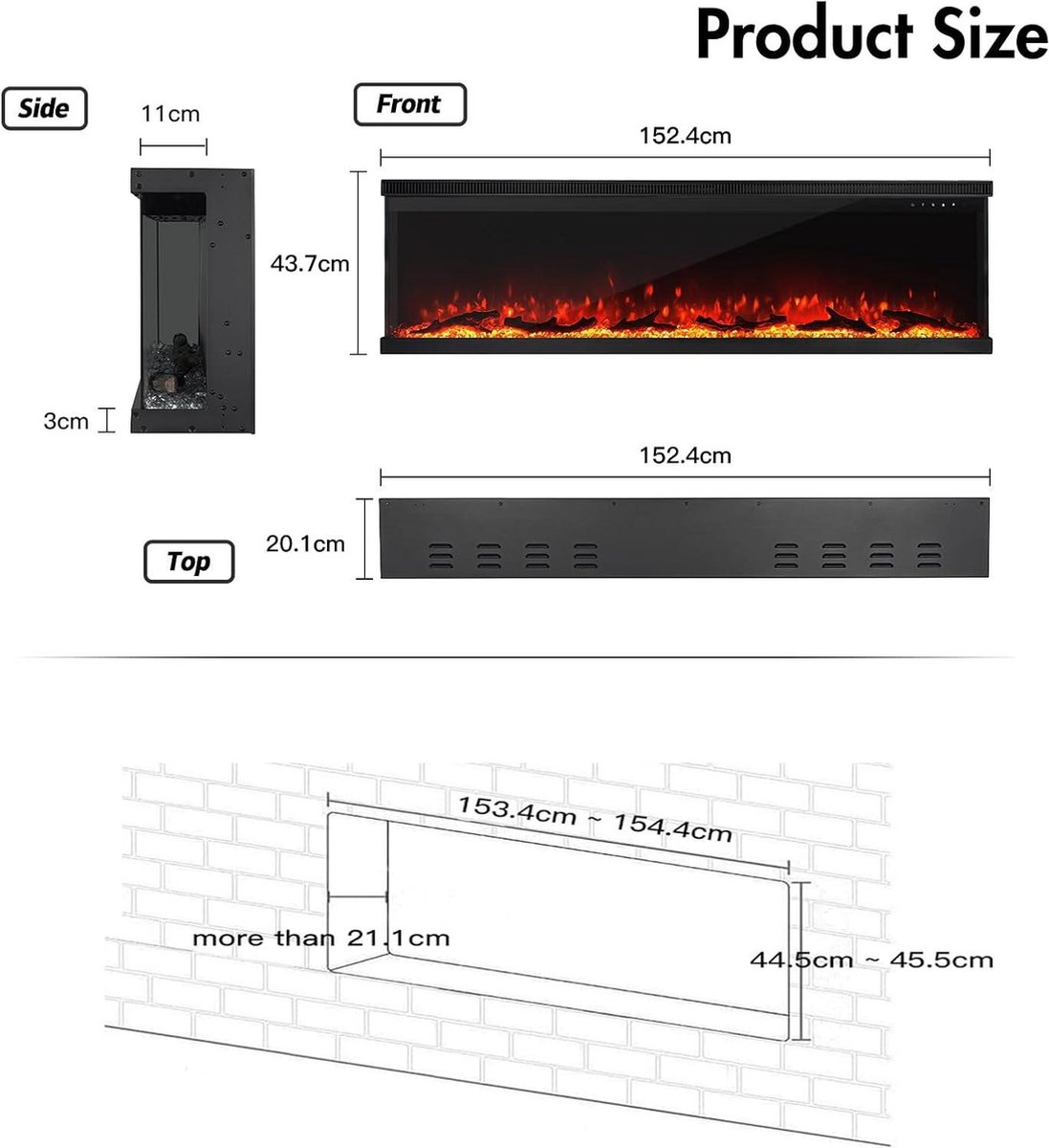 Elektrische haard 60 inch zwart panorama 3-zijdig