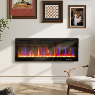 Elektrische haard inbouw of wandmontage, staal en glas, zwart