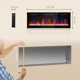 Elektrische haard inbouw of wandmontage, staal en glas, zwart