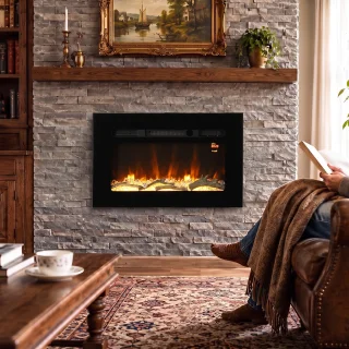 Elektrische haard voor inbouw of wandmontage, zwart