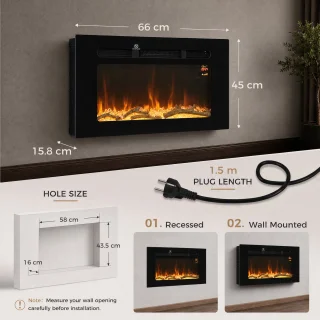 Elektrische haard voor inbouw of wandmontage, zwart