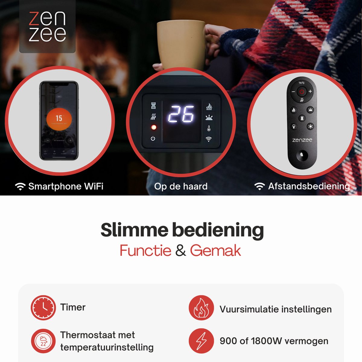 Elektrische kachel WiFi 1800W zwart