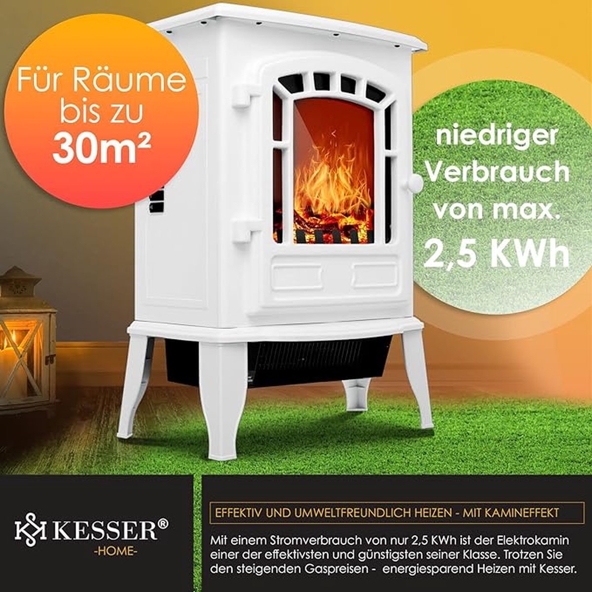 Elektrische open haard wit 2000W met afstandsbediening