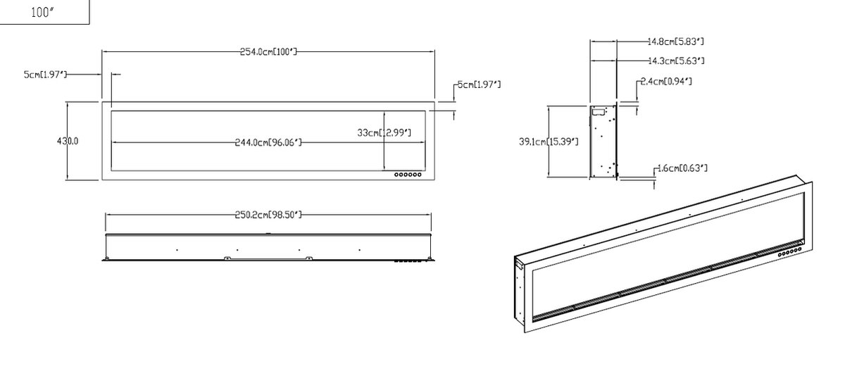 Evoke Slimline 100 Elektrische Inbouw Sfeerhaard 254x43 cm