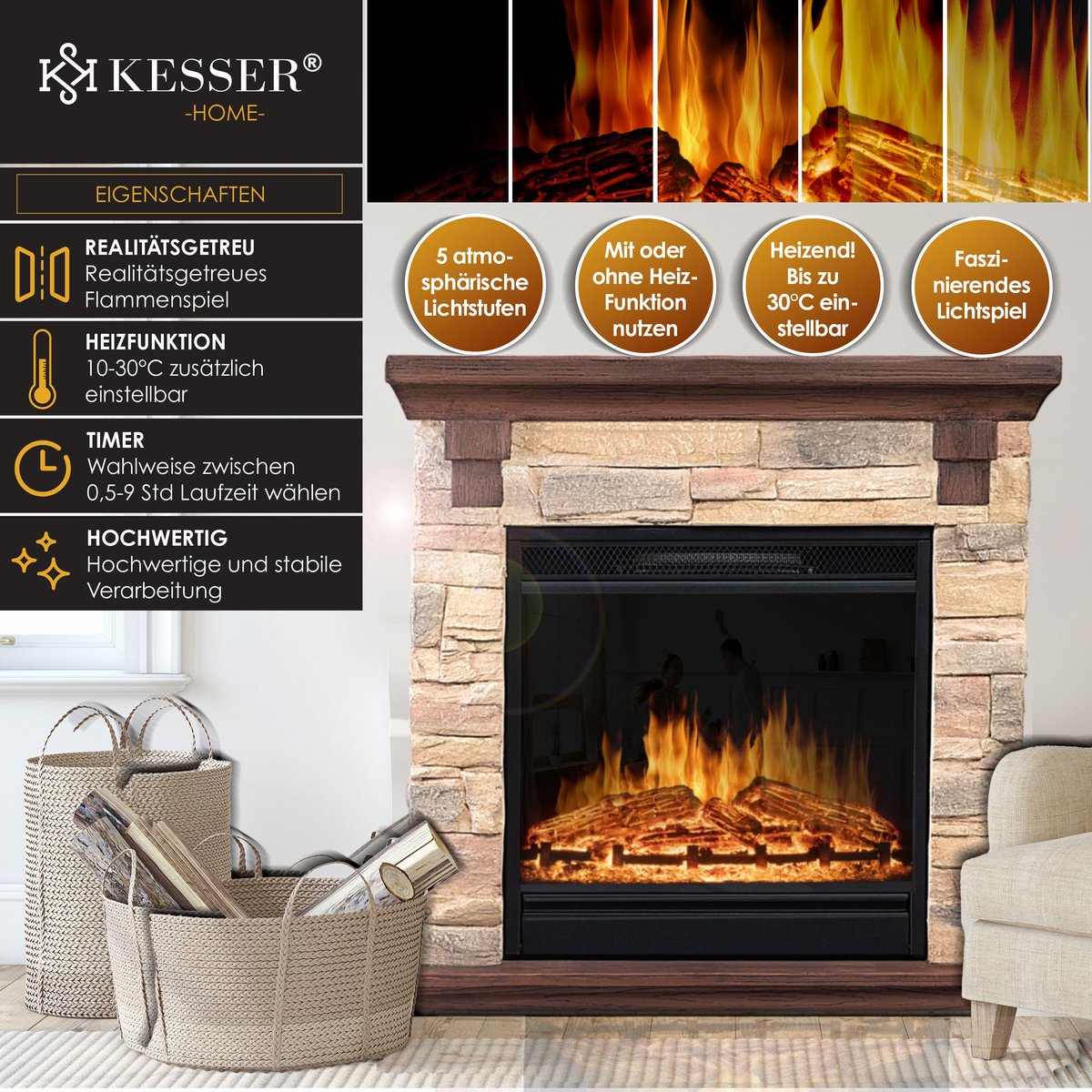 KESSER® Elektrische Sfeerhaard 1800W Bruin