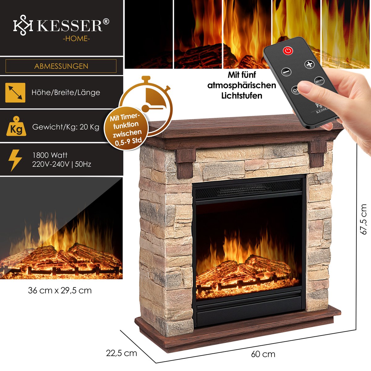 KESSER® Elektrische Sfeerhaard 1800W Bruin