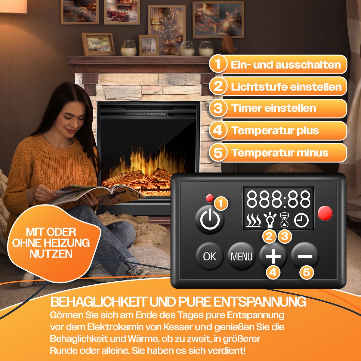 KESSER® Elektrische Sfeerhaard 1800W Bruin
