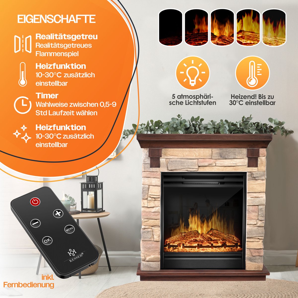 KESSER® Elektrische Sfeerhaard 1800W Bruin
