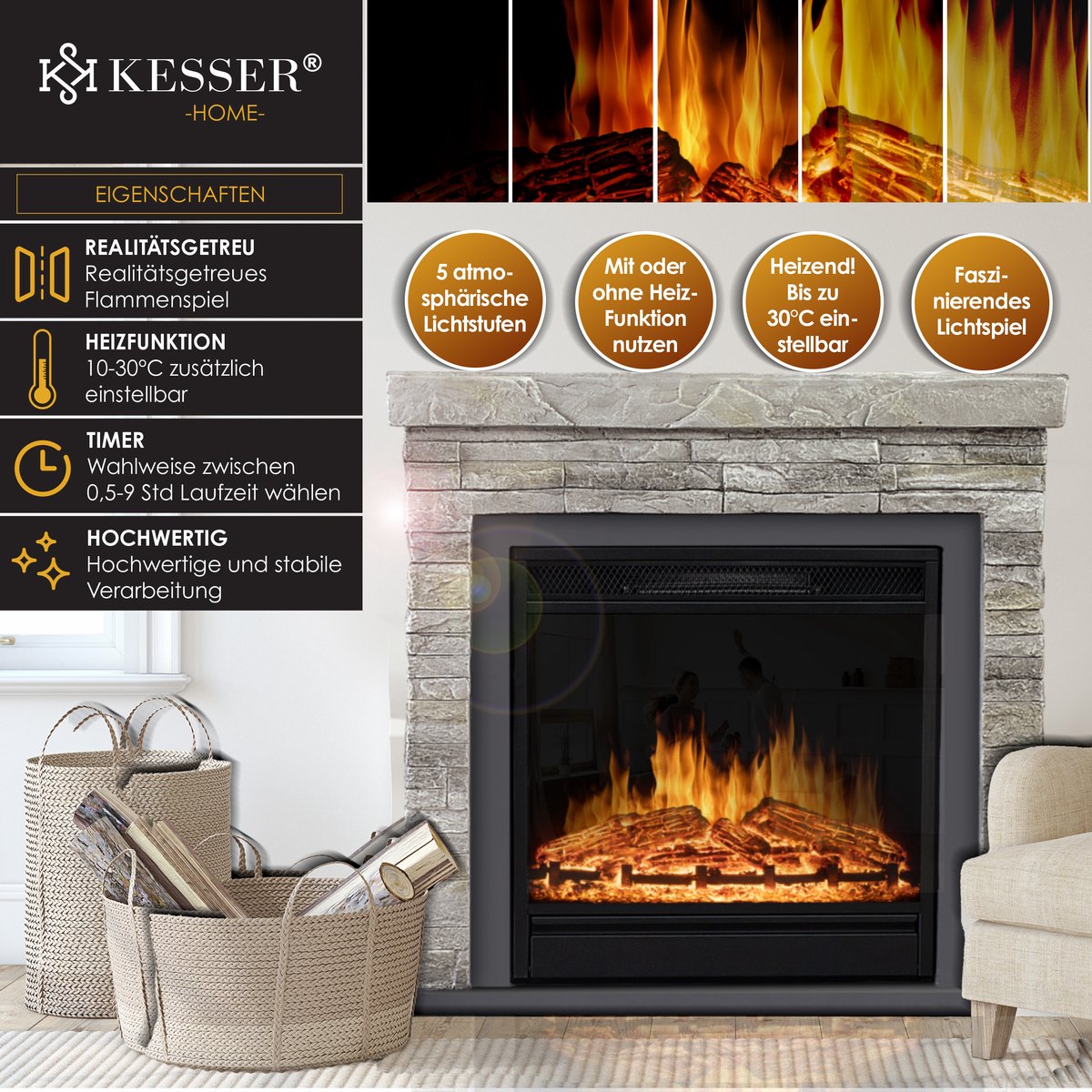 KESSER® Elektrische Sfeerhaard 1800W Steenmotief Grijs