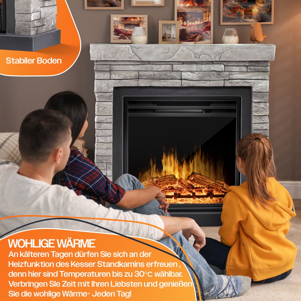 KESSER® Elektrische Sfeerhaard 1800W Steenmotief Grijs