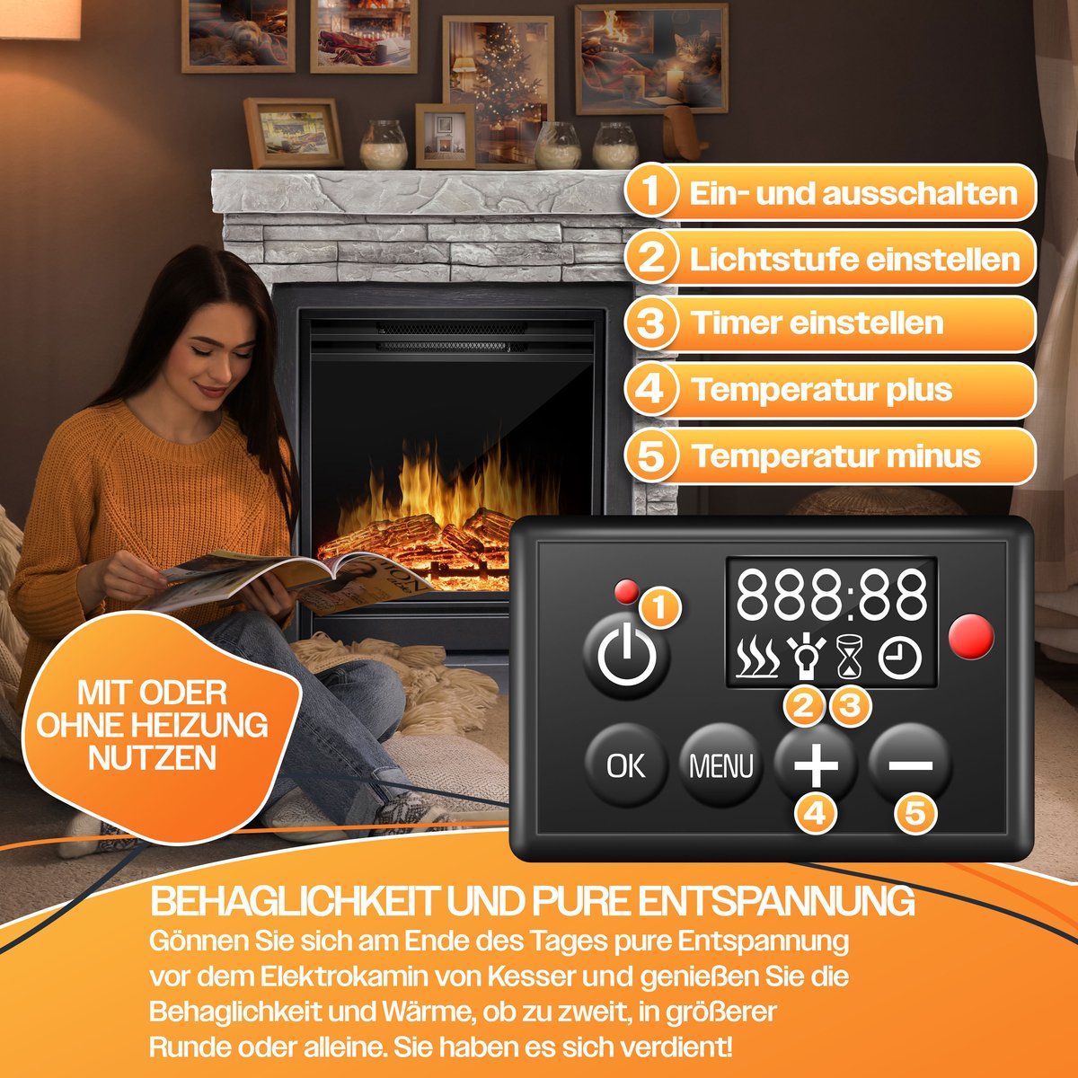 KESSER® Elektrische Sfeerhaard 1800W Steenmotief Grijs