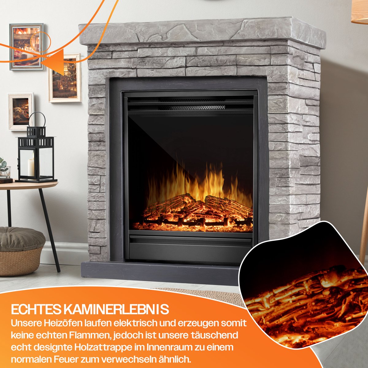 KESSER® Elektrische Sfeerhaard 1800W Steenmotief Grijs