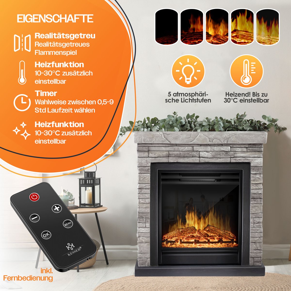 KESSER® Elektrische Sfeerhaard 1800W Steenmotief Grijs