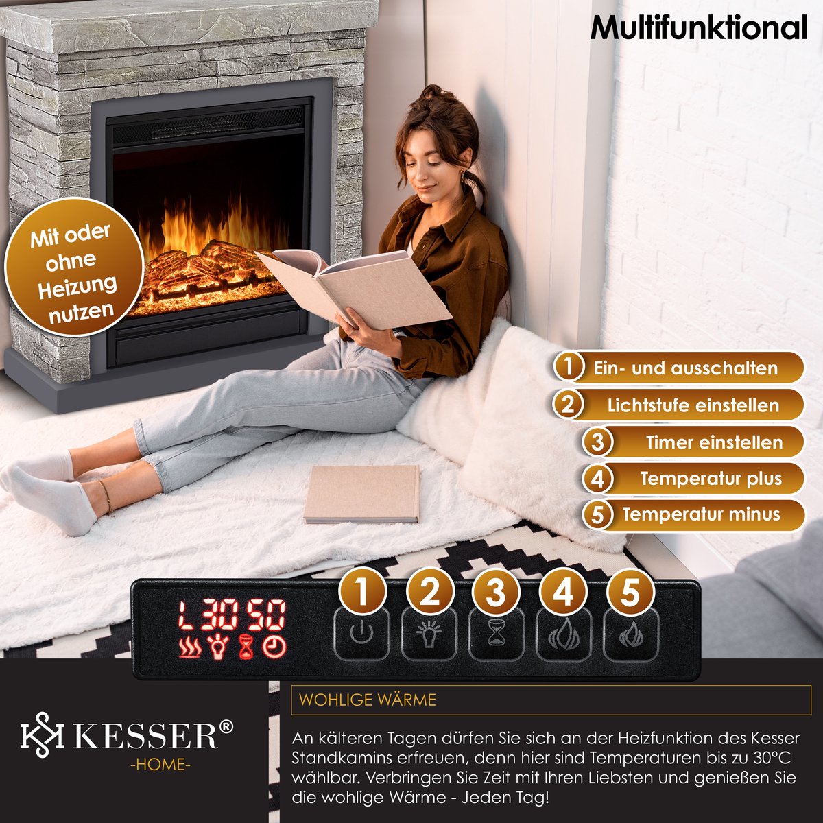 KESSER® Elektrische Sfeerhaard 1800W Steenmotief Grijs