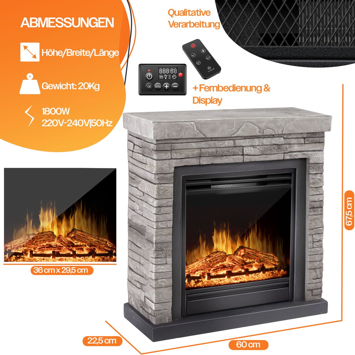KESSER® Elektrische Sfeerhaard 1800W Steenmotief Grijs
