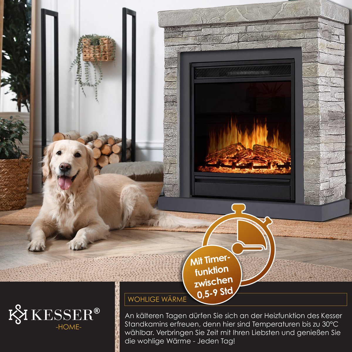 KESSER® Elektrische Sfeerhaard 1800W Steenmotief Grijs