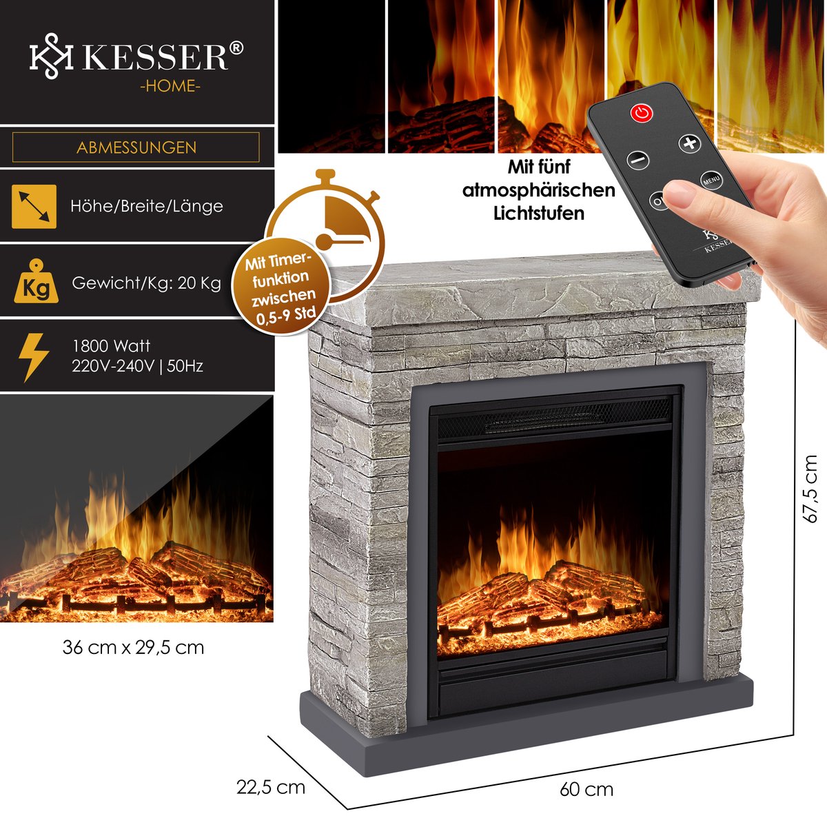 KESSER® Elektrische Sfeerhaard 1800W Steenmotief Grijs