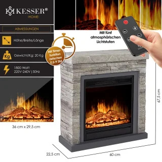 KESSER® Elektrische Sfeerhaard 1800W Steenmotief Grijs