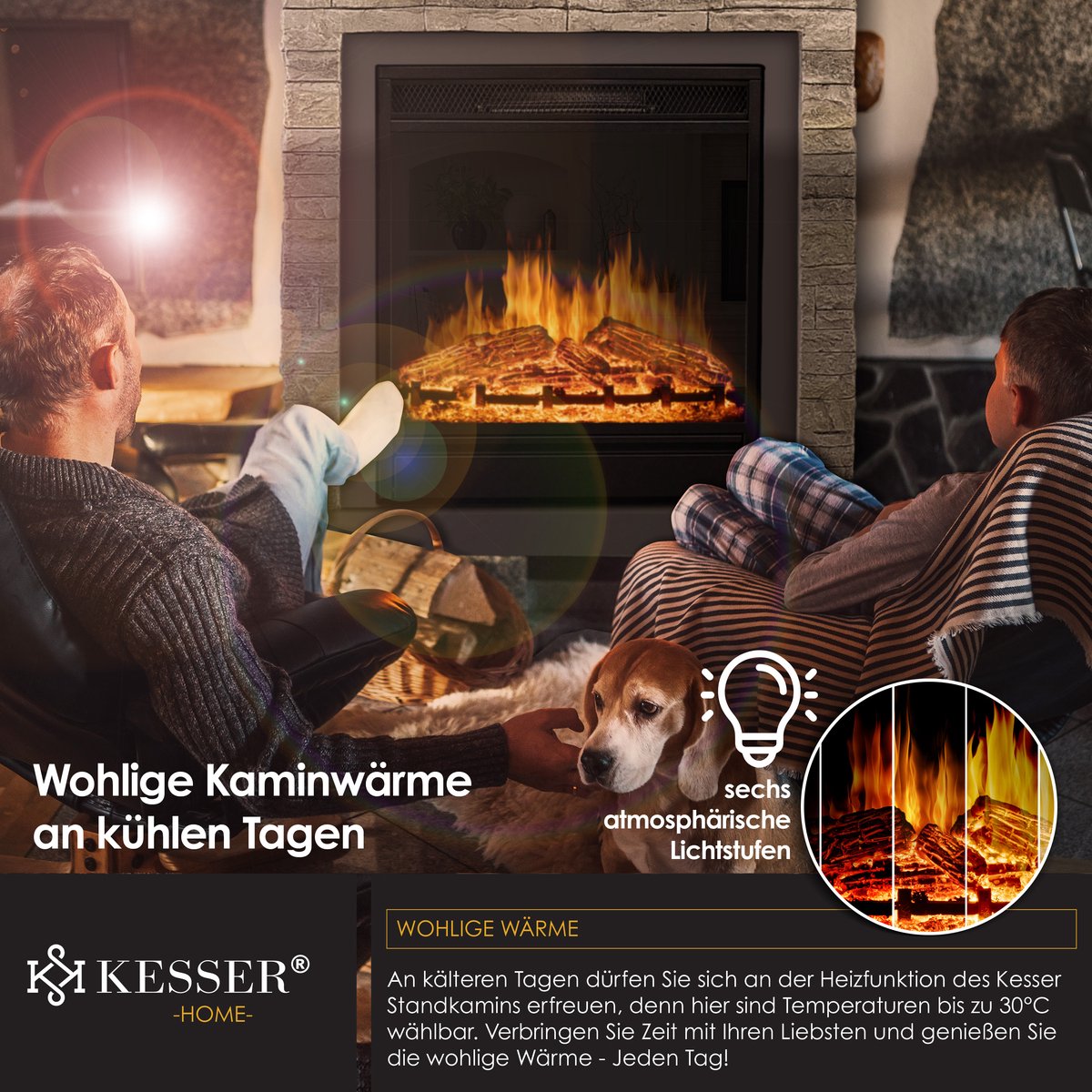 KESSER® Elektrische Sfeerhaard 1800W Steenmotief Grijs