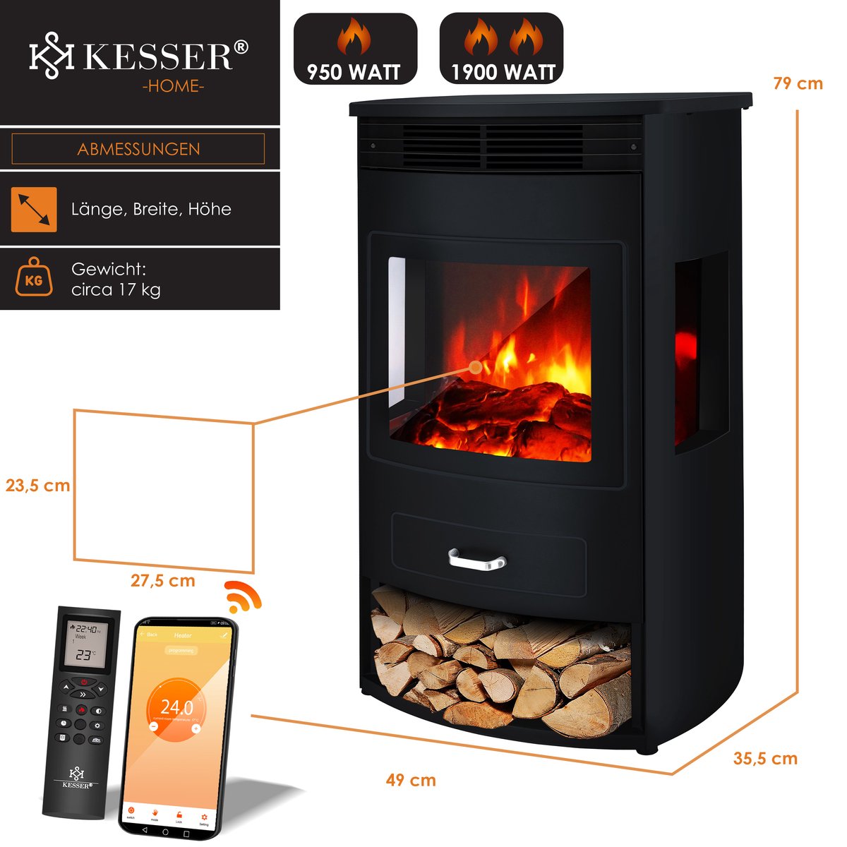 KESSER® Elektrische Sfeerhaard Zwart Extra Groot