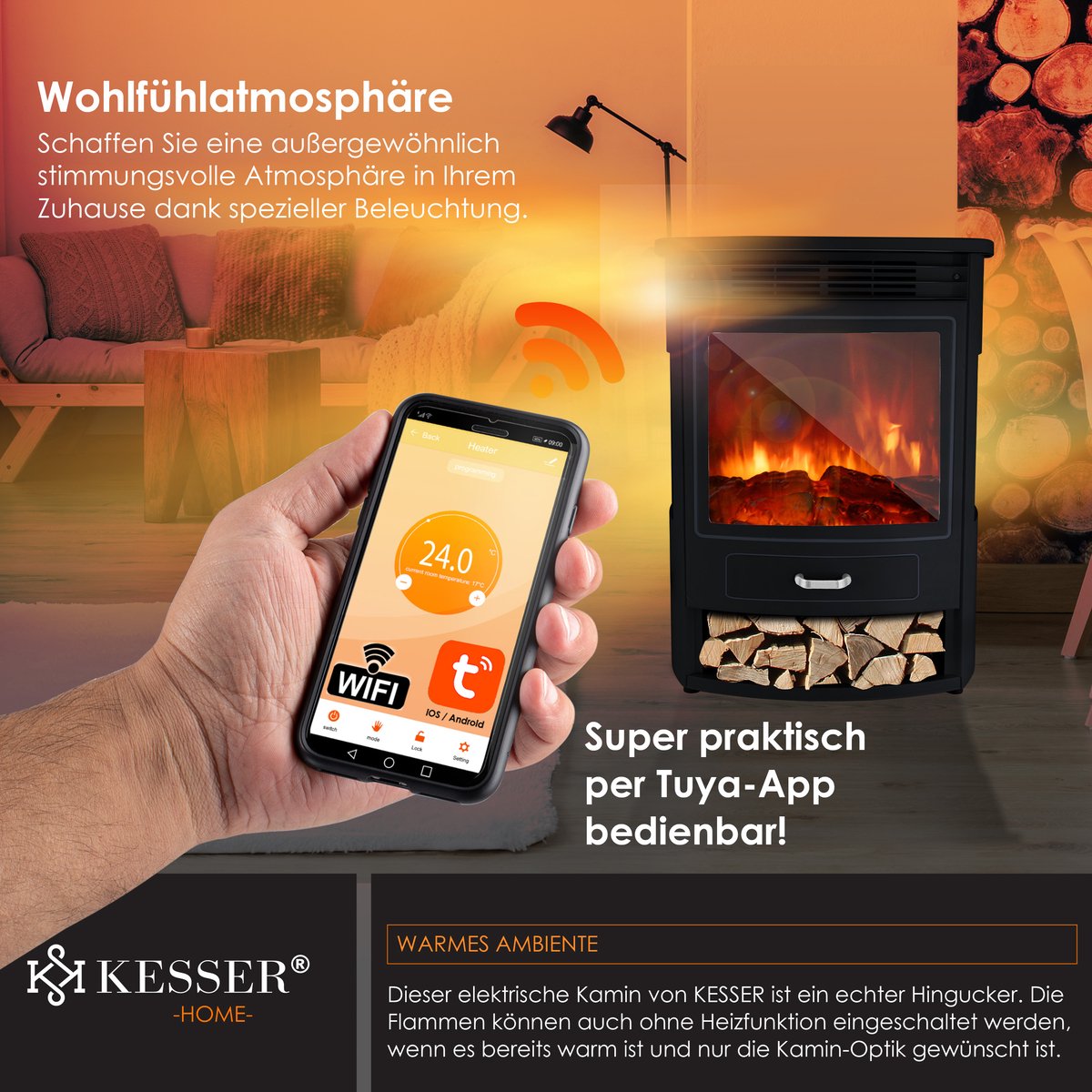 KESSER® Elektrische Sfeerhaard Zwart Groot