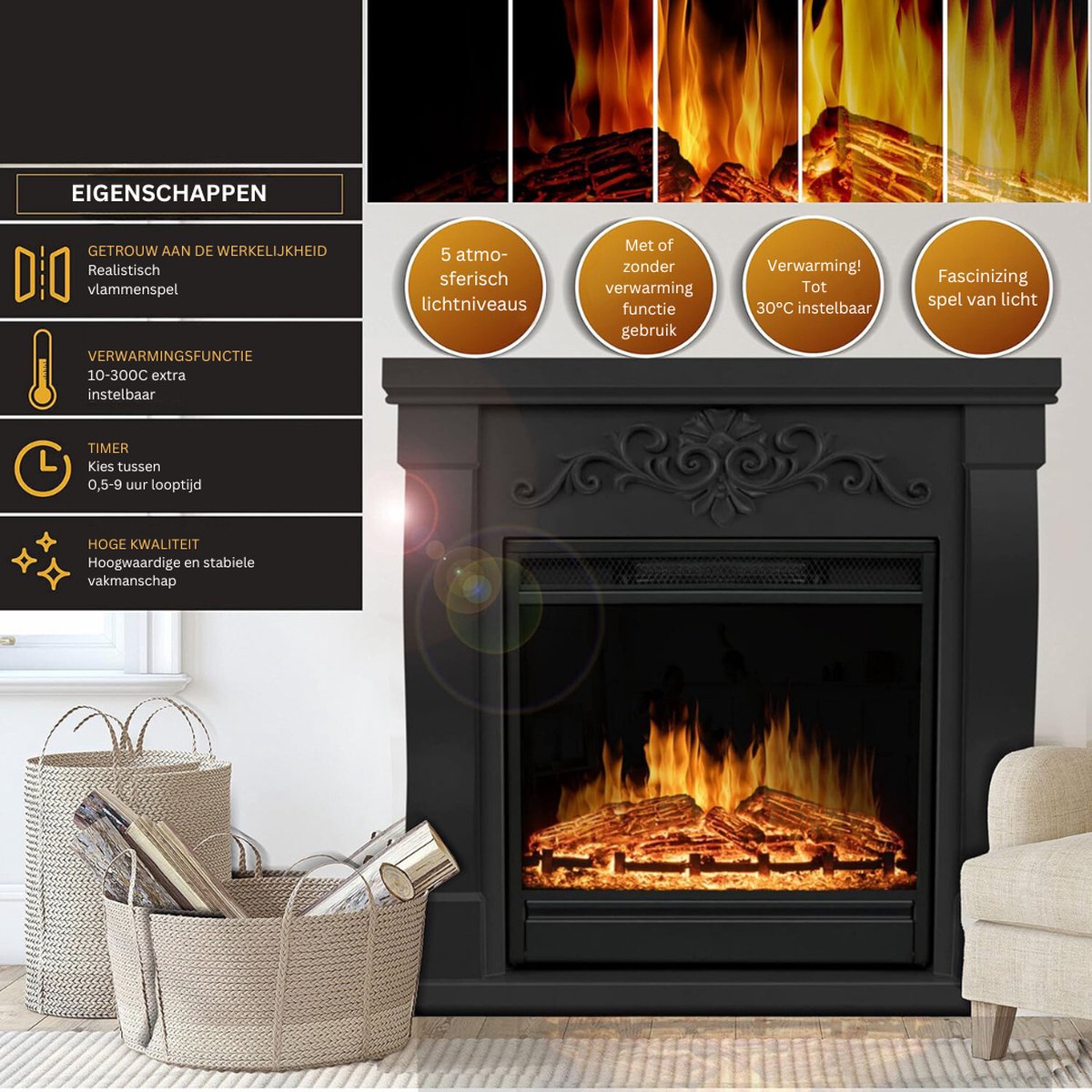 MKSS® Elektrische Tafelhaard 1800W Zwart