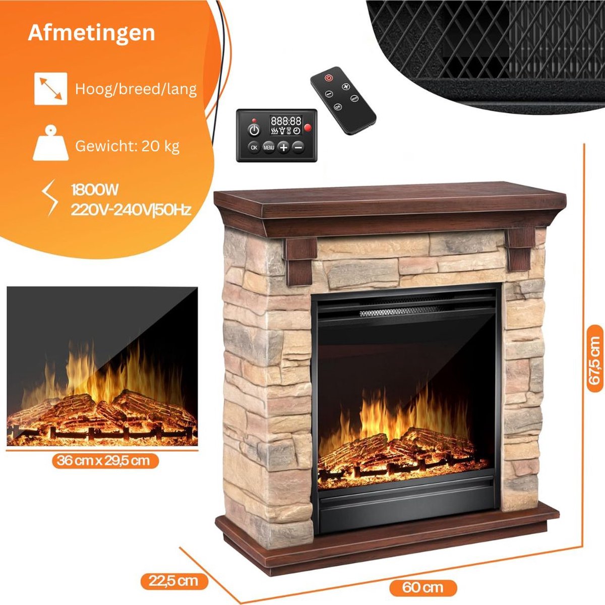 MKSS® Elektrische Tafelhaard 65x30x75cm Steen Look